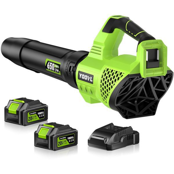 Leaf Blower Cordless, 650CFM Electric Leaf Blowers with 2 x 5.2Ah Batteries and Charger, 3 Speed Modes, 1 x Adjustable Shoulder Strap, Powerful Blowers for Lawn Care, Patio, Dust, Blowing Leaves