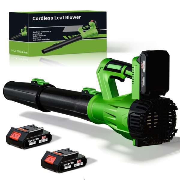 Cordless Leaf Blower 21V, 6-Speed High Power Electric Blower with 6.0Ah Battery, Lightweight Design, 2 Batteries & Fast Charger for Lawn, Patio, Dust and Leaves（Black Green）