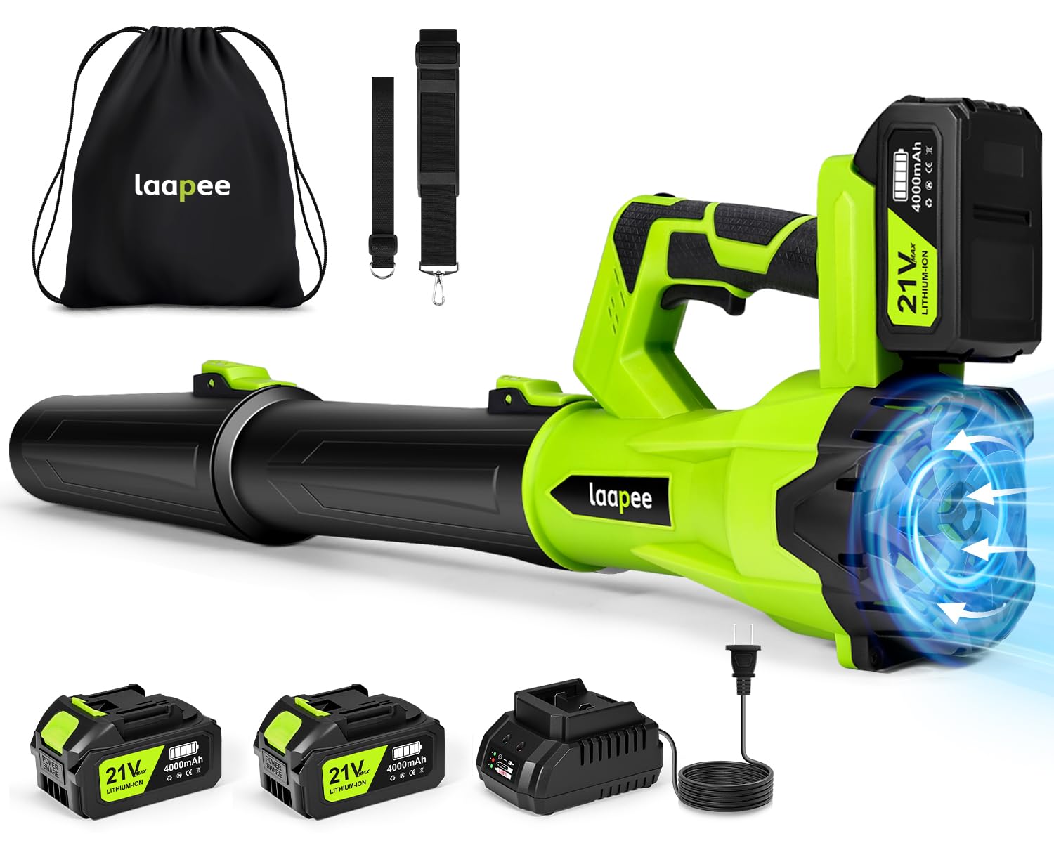 Cordless Leaf Blower: 2x4Ah Batteries, Fast Charger, 6 Speeds