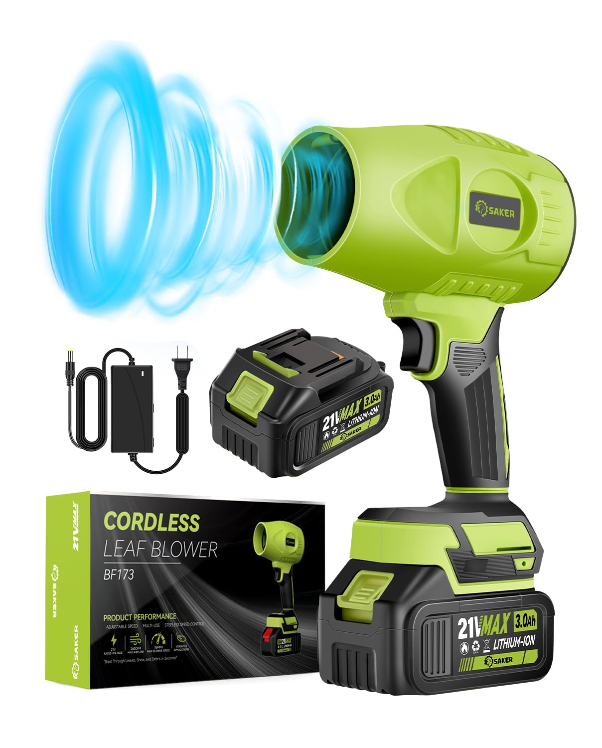 Saker Cordless Leaf Blower: 180K RPM, 2x4Ah Batteries, Green