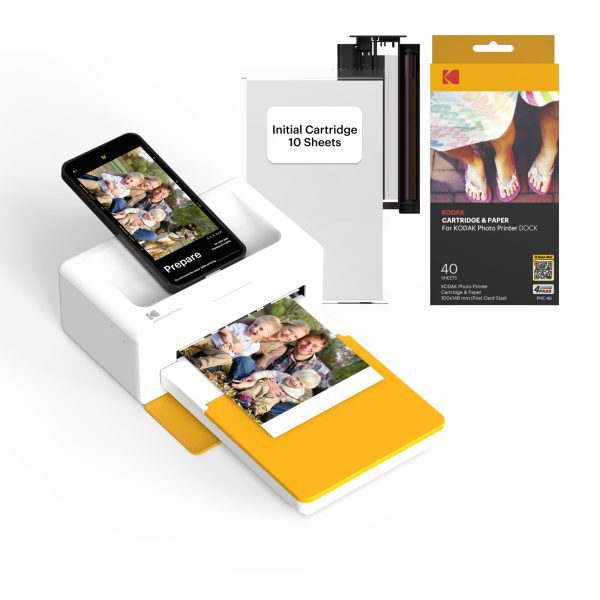 KODAK Dock Plus 4PASS Instant Photo Printer, 4x6” Portable Picture Printer, Bluetooth & Dock 2-in-1 Home and Gift Printer for iPhone & Android, 50 Sheets Bundle