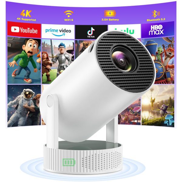 Mini Projector with Built-in Rechargeable Battery for Outdoor, Portable Projector with WiFi and Bluetooth, 4K Projector for Bedroom, Smart Projector Compatible with iphone/TV Stick/HDMI/USB/Laptop