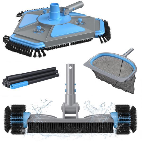 UIRWAY 4-in-1 Deluxe Swimming Pool Cleaning Kit - Includes Upgrade Triangular Pool Vacuum Head, Detachable Brush, Deep Leaf Skimmer Net, Adjustable Aluminum Pole Inground & Above Ground Pools