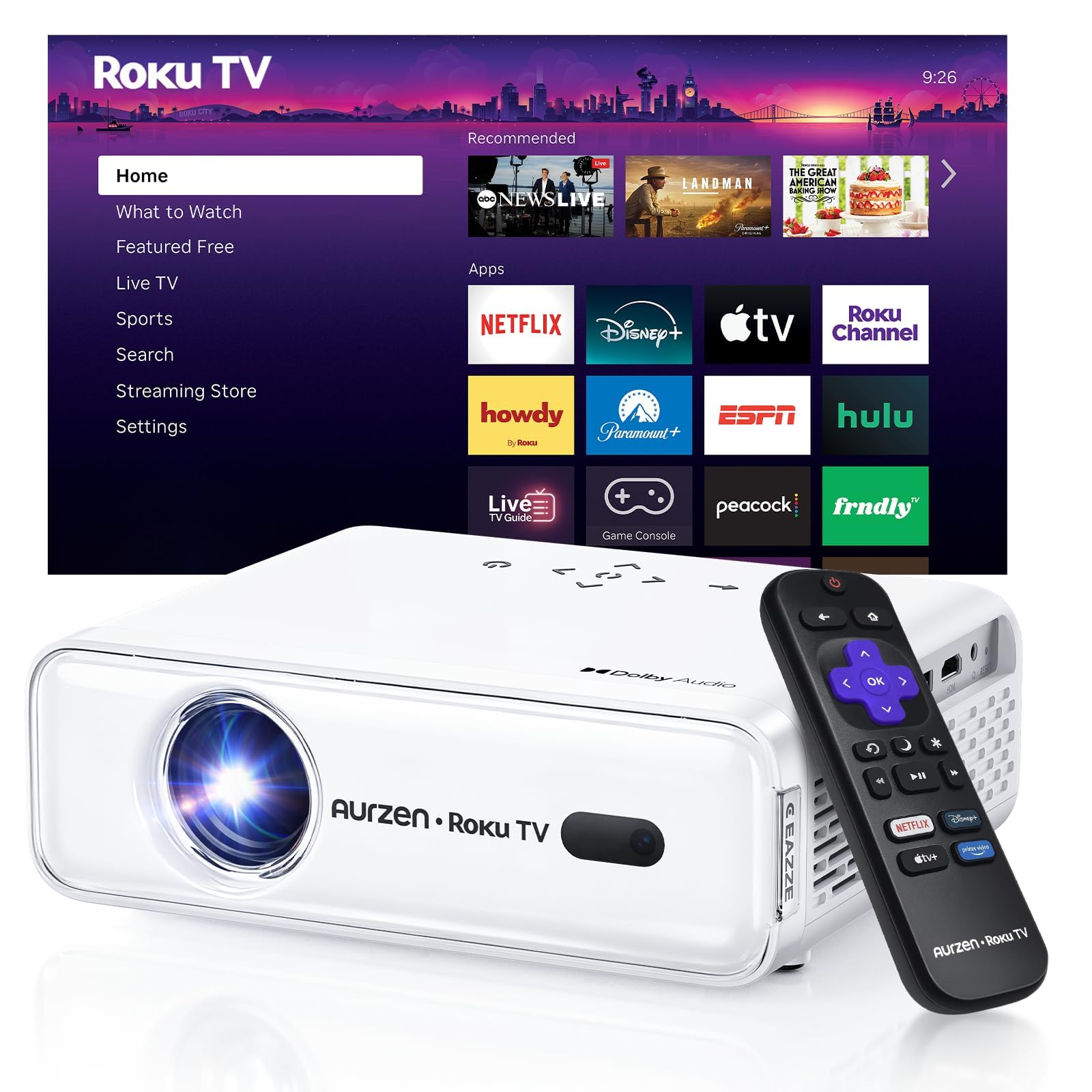 Aurzen Roku TV Smart Projector: Portable 1080P FHD Cinema